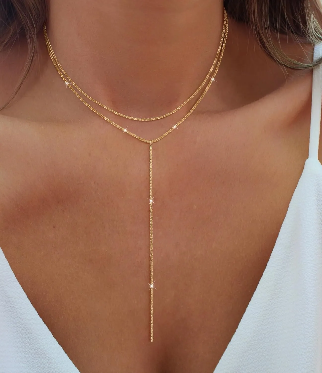 Long Gold Necklace for Women- Dainty 14k Gold Plated Lariat Necklace Layered Drop Simple Y-Shaped Chain Stack Wedding Necklace Trendy Jewelry Gift