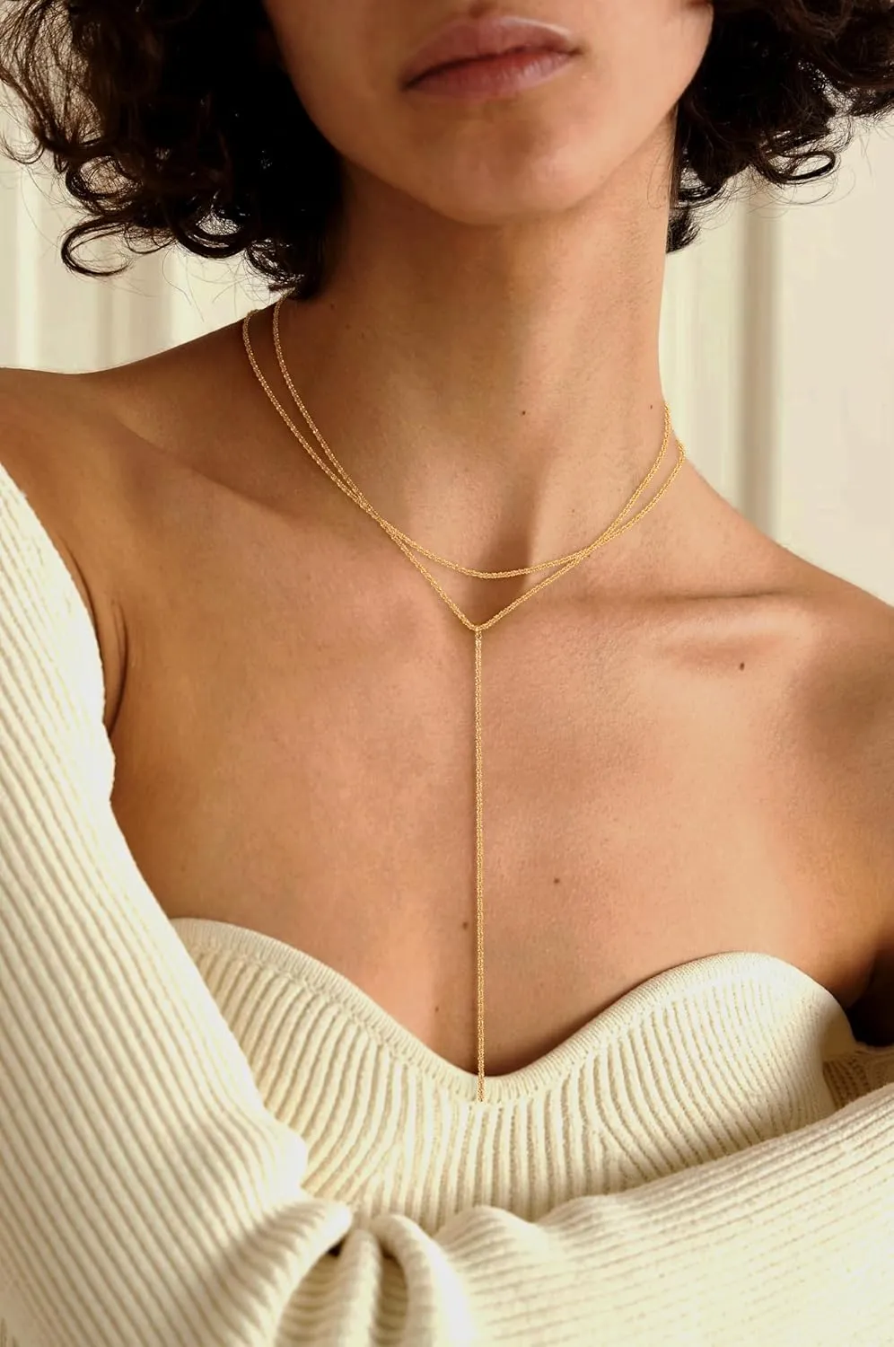 Long Gold Necklace for Women- Dainty 14k Gold Plated Lariat Necklace Layered Drop Simple Y-Shaped Chain Stack Wedding Necklace Trendy Jewelry Gift