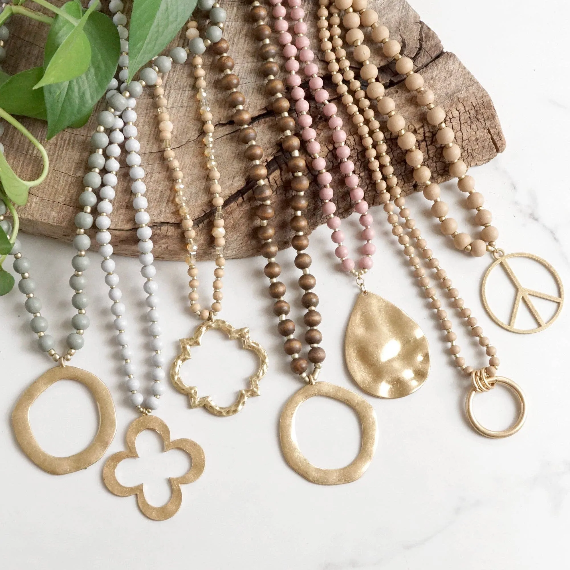 Long Wooden Bead Necklace with gold circle ring - Cream