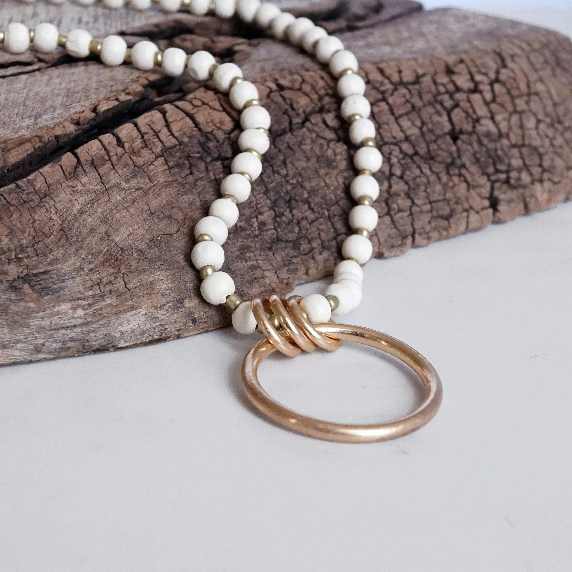 Long Wooden Bead Necklace with gold circle ring - Cream