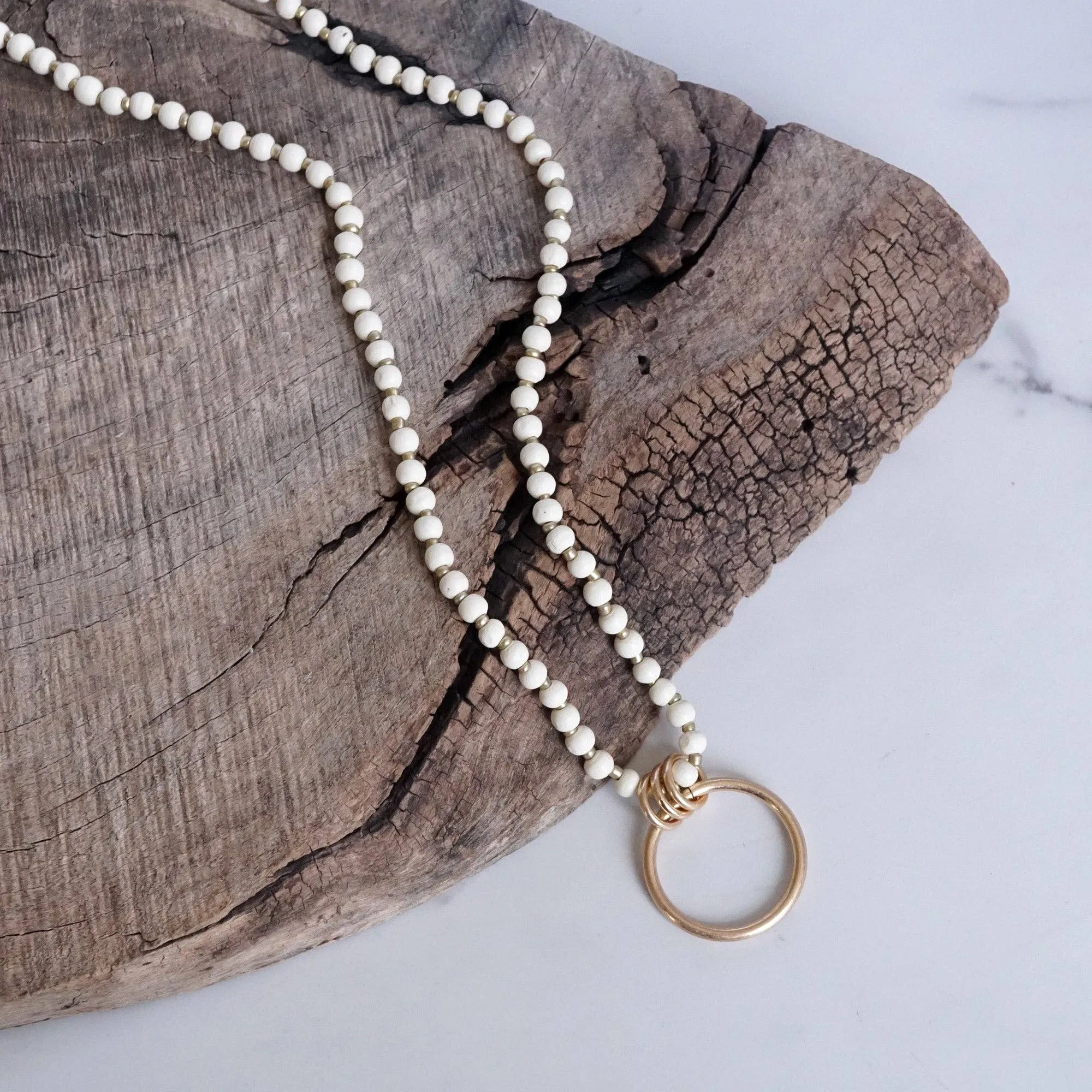 Long Wooden Bead Necklace with gold circle ring - Cream
