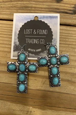 Lost And Found Large Silver And Turquoise Cross Earring