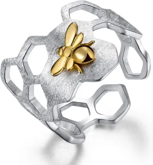 Lotus Fun S925 Sterling Silver Rings Handmade Unique Thumb Ring Natural Honeycomb Bee Open Ring Honeycomb Home Guard Jewelry Gifts for Women and Girls