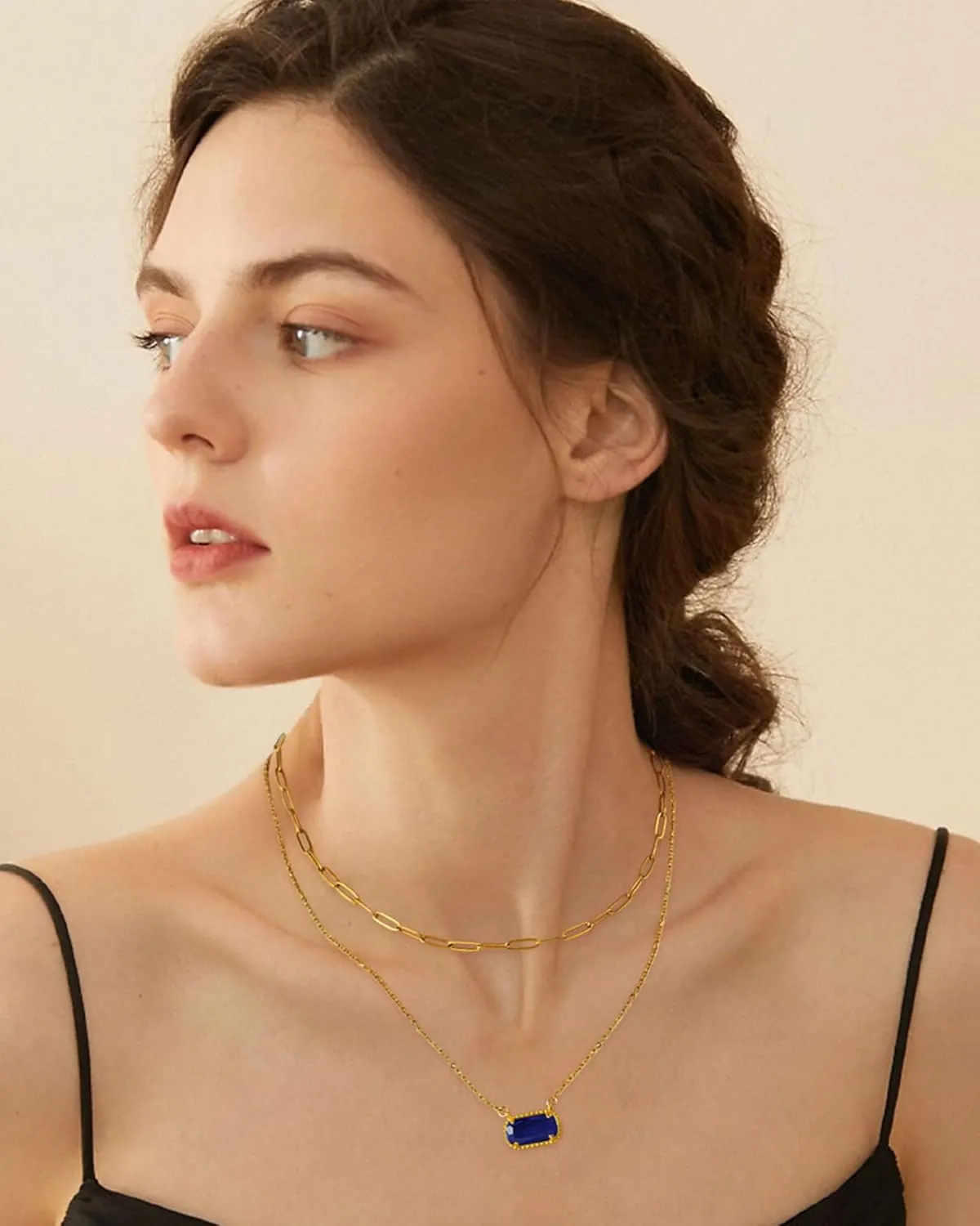 Lourny Gemstone Birthstone Pendant Layered Necklace for Women Trendy, 18K Gold Plated Paperclip Chain Preppy Choker Charm Necklace for Women Wife Jewelry