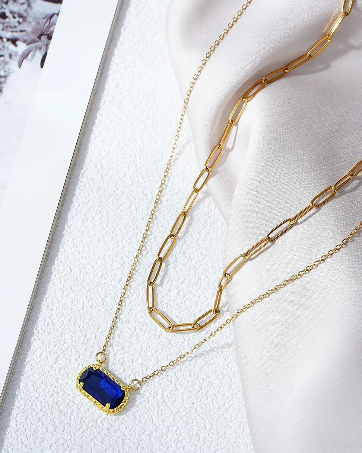 Lourny Gemstone Birthstone Pendant Layered Necklace for Women Trendy, 18K Gold Plated Paperclip Chain Preppy Choker Charm Necklace for Women Wife Jewelry
