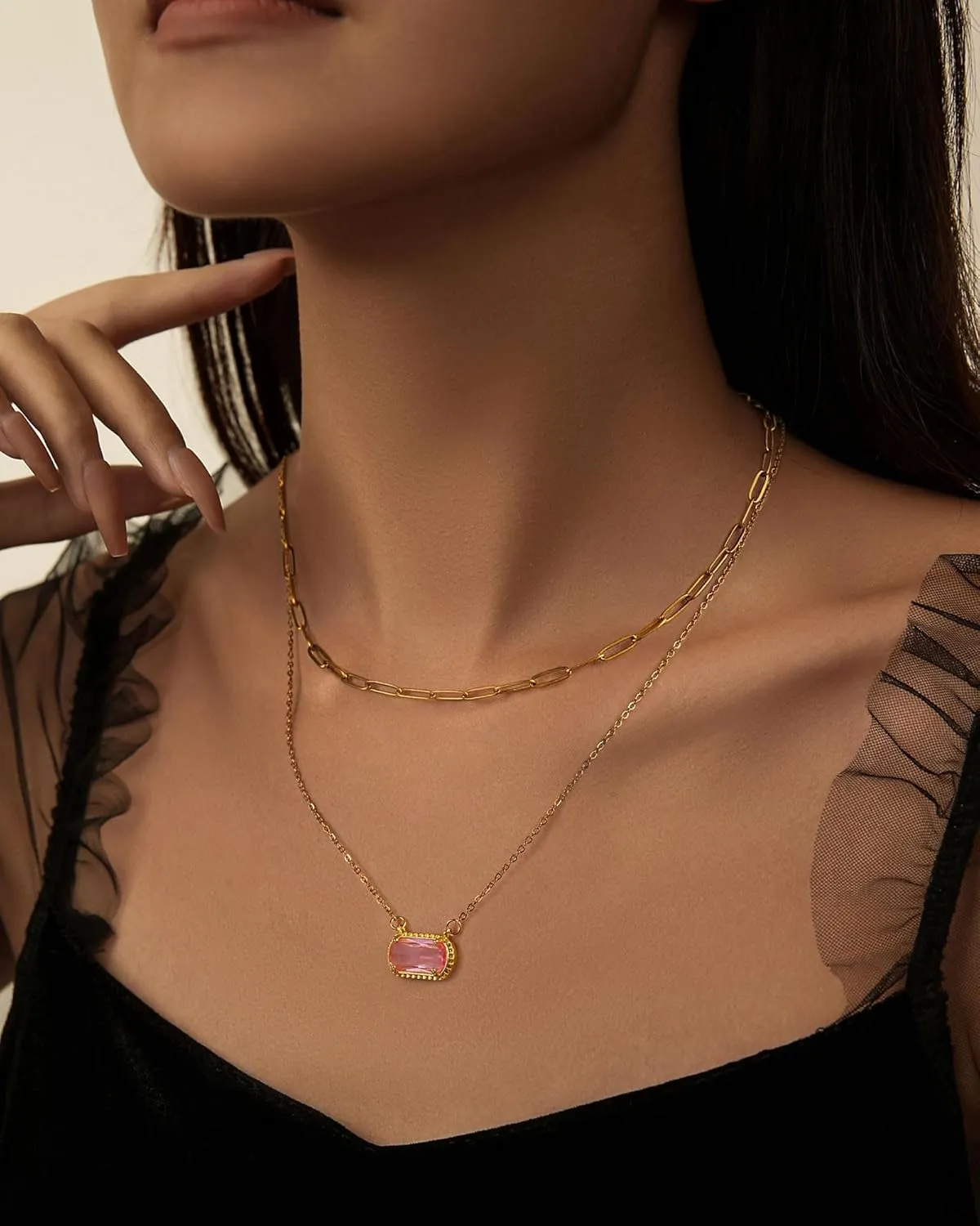 Lourny Gemstone Birthstone Pendant Layered Necklace for Women Trendy, 18K Gold Plated Paperclip Chain Preppy Choker Charm Necklace for Women Wife Jewelry