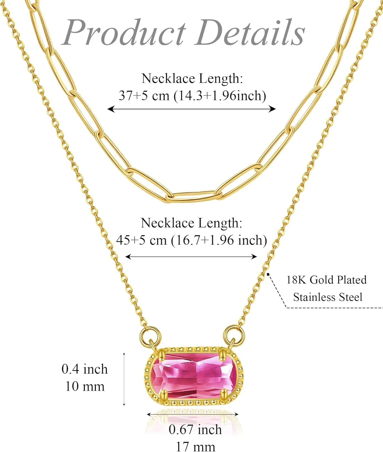 Lourny Gemstone Birthstone Pendant Layered Necklace for Women Trendy, 18K Gold Plated Paperclip Chain Preppy Choker Charm Necklace for Women Wife Jewelry
