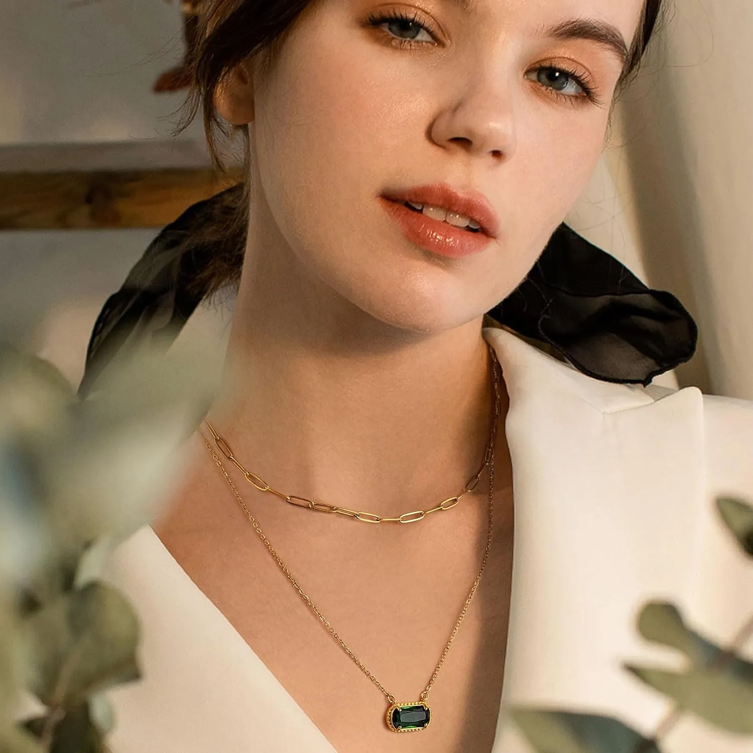 Lourny Gemstone Birthstone Pendant Layered Necklace for Women Trendy, 18K Gold Plated Paperclip Chain Preppy Choker Charm Necklace for Women Wife Jewelry