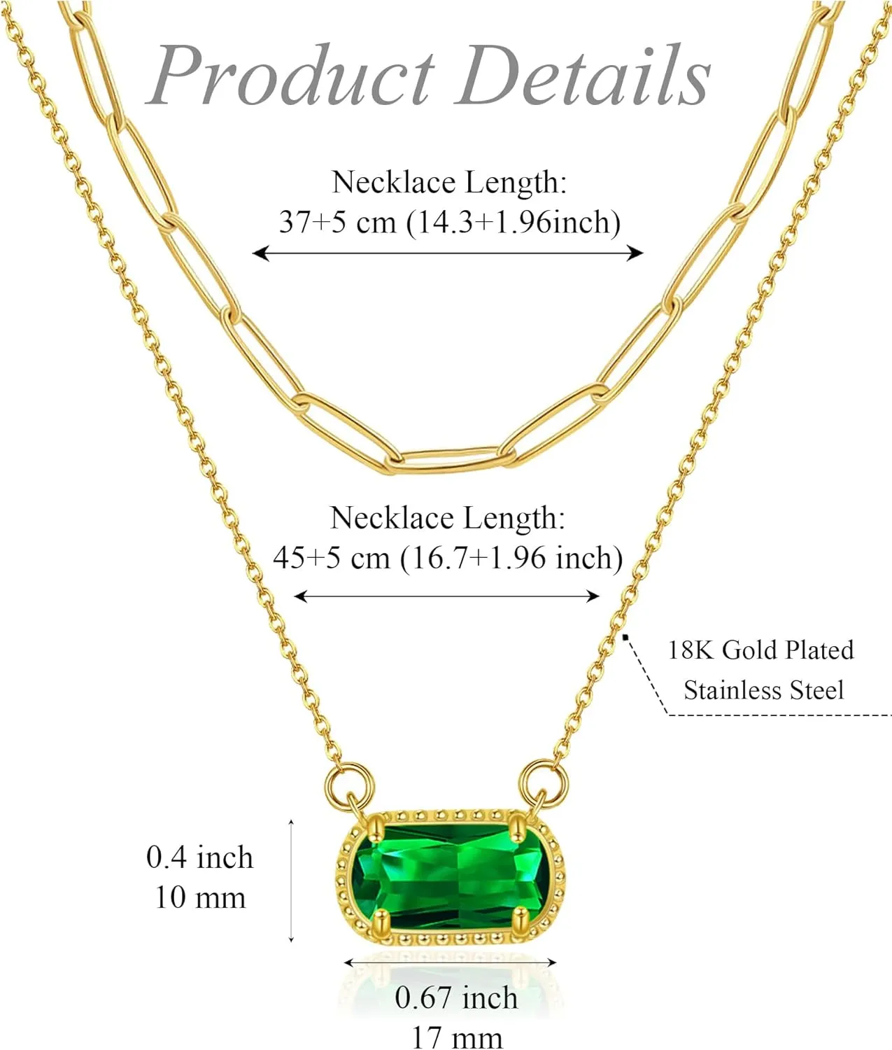 Lourny Gemstone Birthstone Pendant Layered Necklace for Women Trendy, 18K Gold Plated Paperclip Chain Preppy Choker Charm Necklace for Women Wife Jewelry