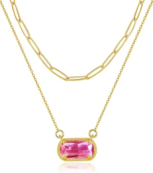 Lourny Gemstone Birthstone Pendant Layered Necklace for Women Trendy, 18K Gold Plated Paperclip Chain Preppy Choker Charm Necklace for Women Wife Jewelry
