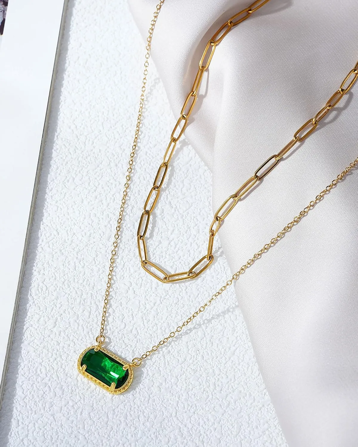 Lourny Gemstone Birthstone Pendant Layered Necklace for Women Trendy, 18K Gold Plated Paperclip Chain Preppy Choker Charm Necklace for Women Wife Jewelry