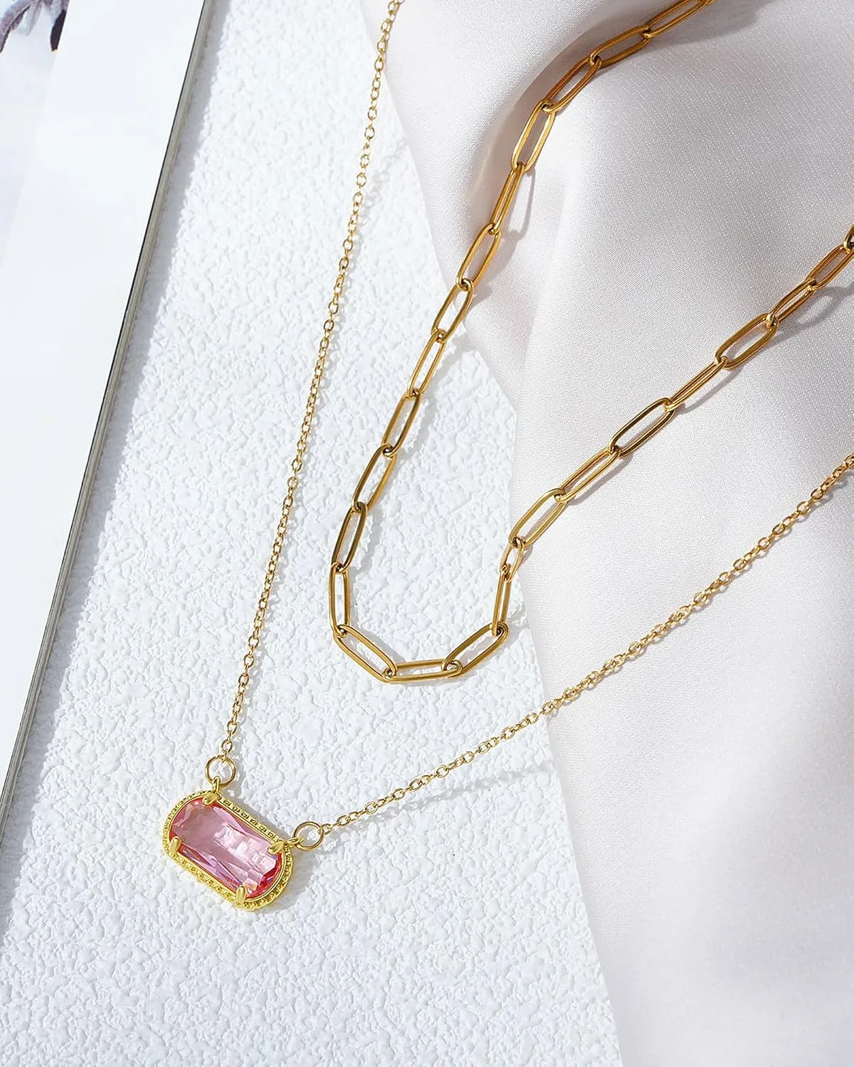 Lourny Gemstone Birthstone Pendant Layered Necklace for Women Trendy, 18K Gold Plated Paperclip Chain Preppy Choker Charm Necklace for Women Wife Jewelry