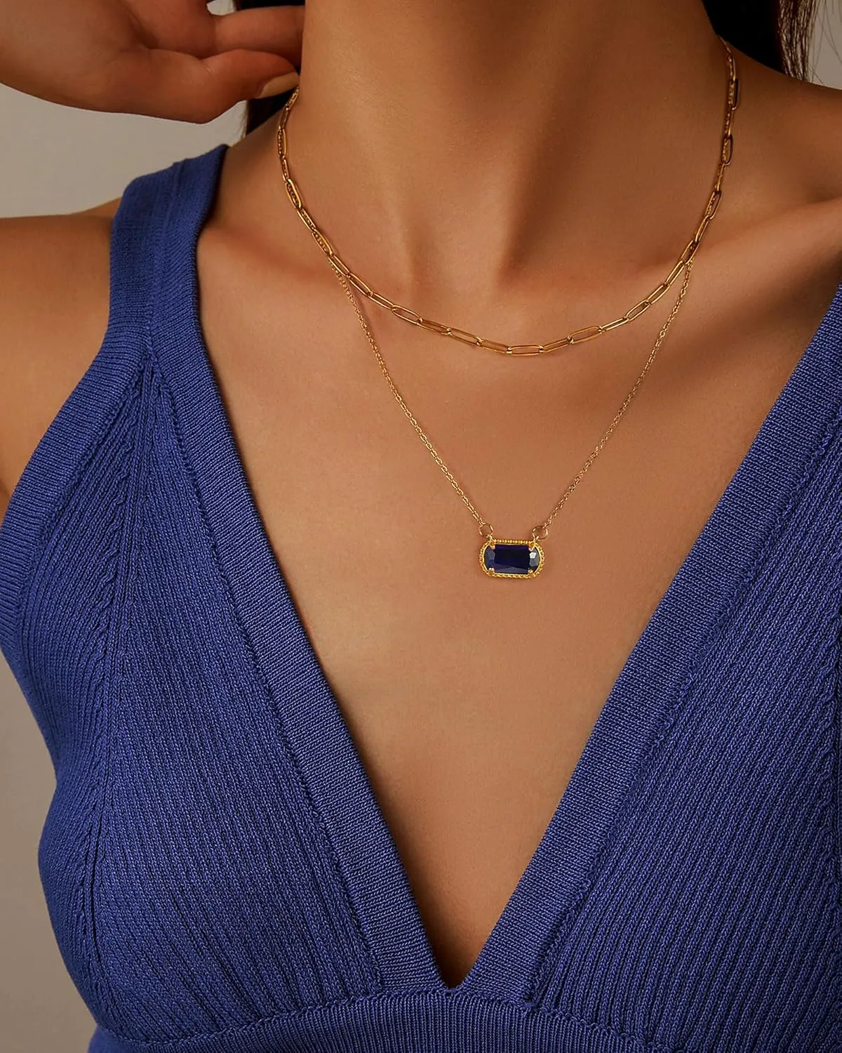 Lourny Gemstone Birthstone Pendant Layered Necklace for Women Trendy, 18K Gold Plated Paperclip Chain Preppy Choker Charm Necklace for Women Wife Jewelry