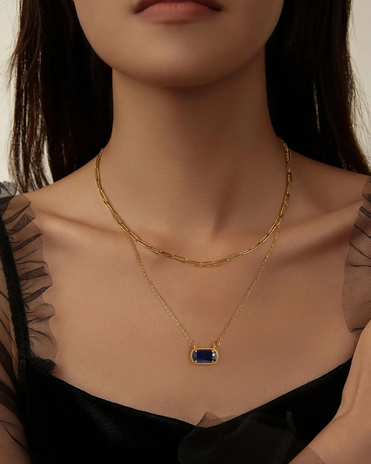 Lourny Gemstone Birthstone Pendant Layered Necklace for Women Trendy, 18K Gold Plated Paperclip Chain Preppy Choker Charm Necklace for Women Wife Jewelry