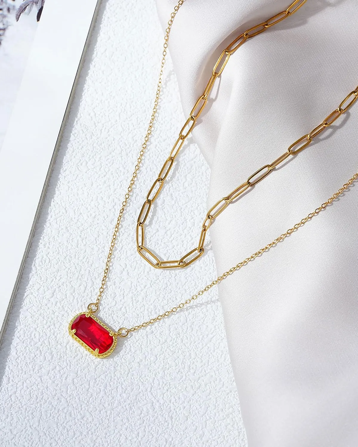 Lourny Gemstone Birthstone Pendant Layered Necklace for Women Trendy, 18K Gold Plated Paperclip Chain Preppy Choker Charm Necklace for Women Wife Jewelry
