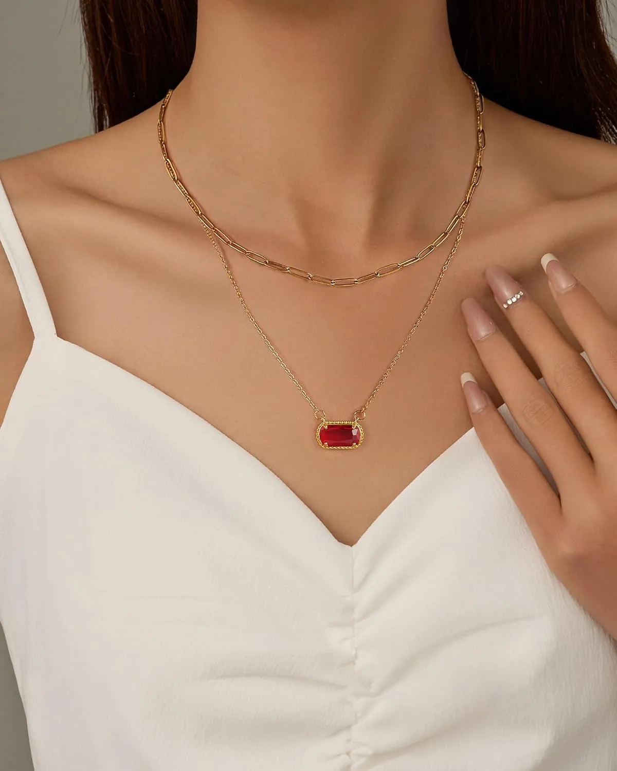 Lourny Gemstone Birthstone Pendant Layered Necklace for Women Trendy, 18K Gold Plated Paperclip Chain Preppy Choker Charm Necklace for Women Wife Jewelry
