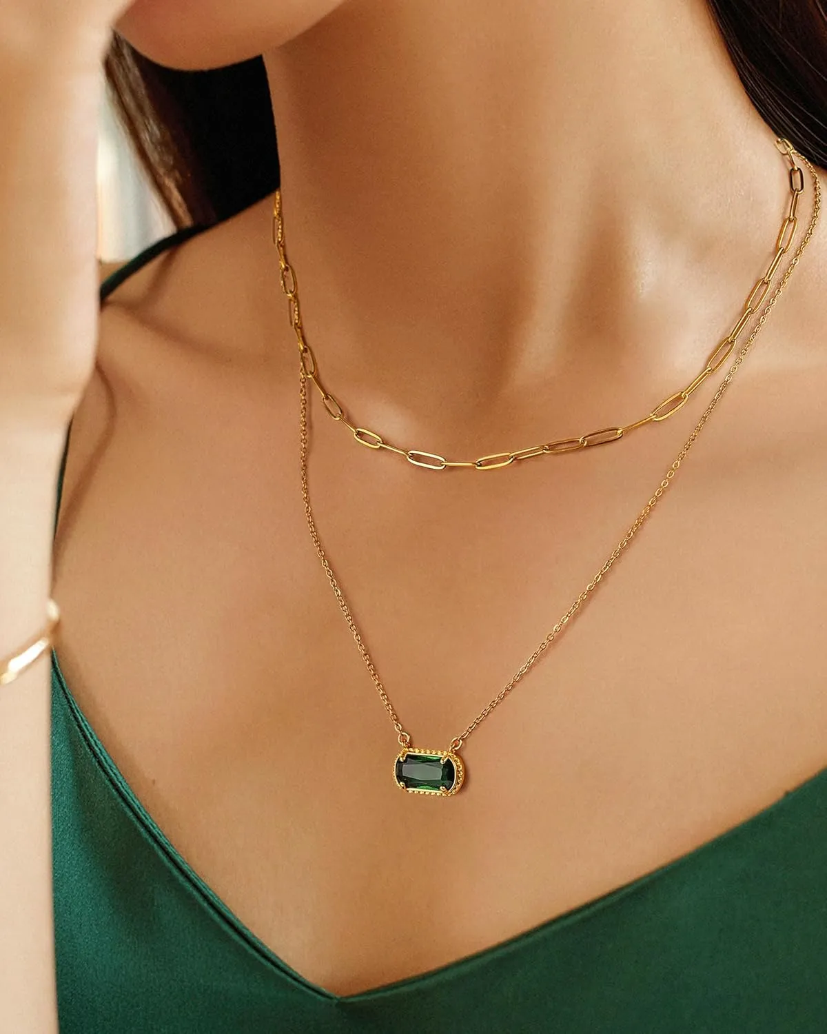 Lourny Gemstone Birthstone Pendant Layered Necklace for Women Trendy, 18K Gold Plated Paperclip Chain Preppy Choker Charm Necklace for Women Wife Jewelry