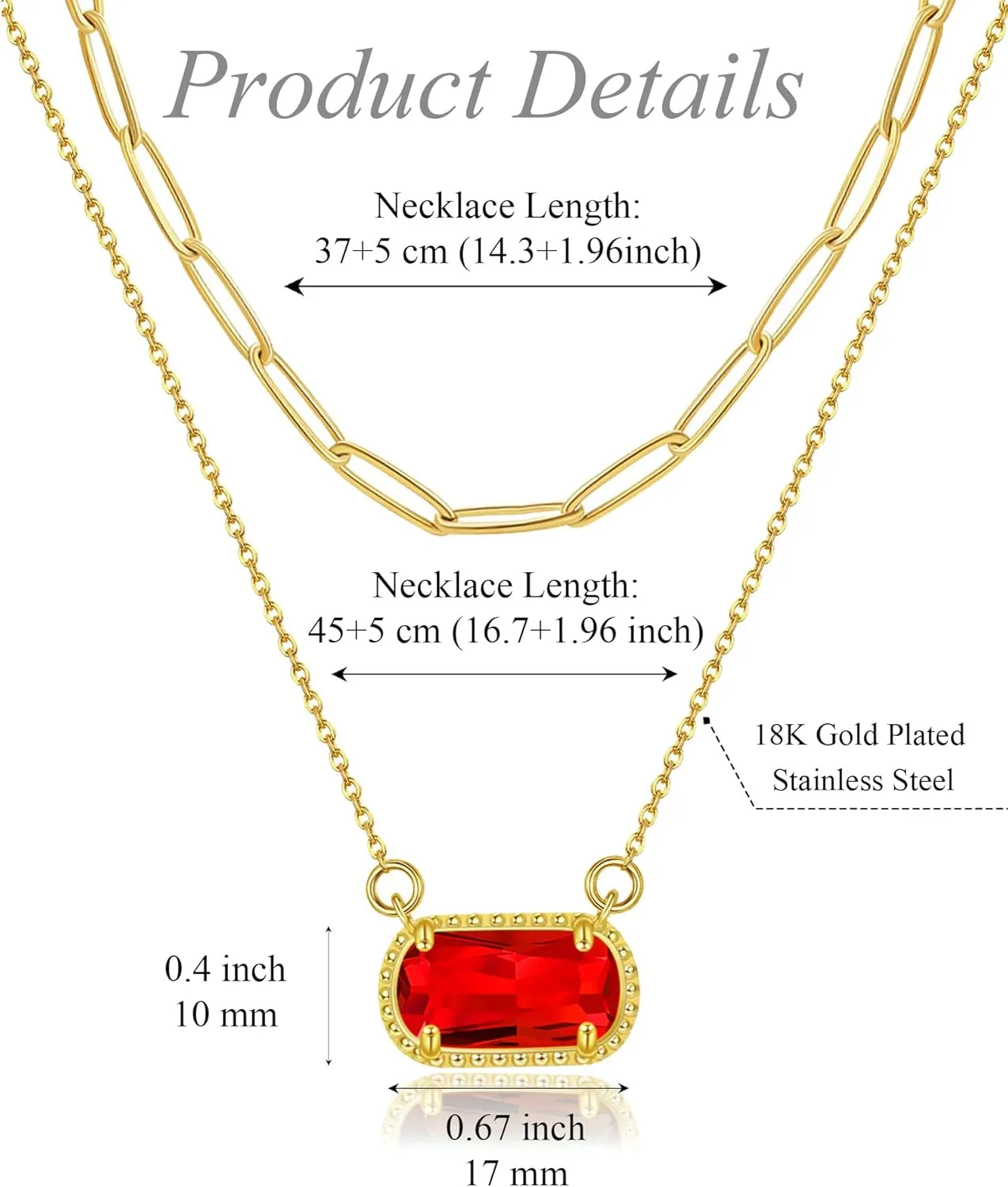 Lourny Gemstone Birthstone Pendant Layered Necklace for Women Trendy, 18K Gold Plated Paperclip Chain Preppy Choker Charm Necklace for Women Wife Jewelry