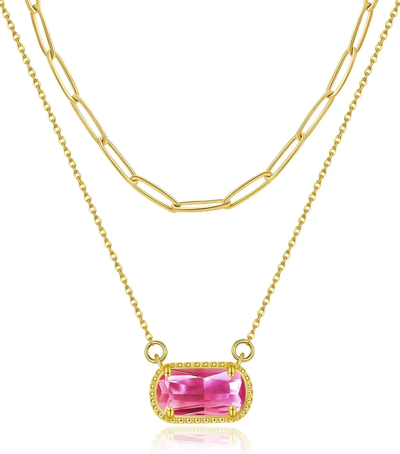 Lourny Gemstone Birthstone Pendant Layered Necklace for Women Trendy, 18K Gold Plated Paperclip Chain Preppy Choker Charm Necklace for Women Wife Jewelry