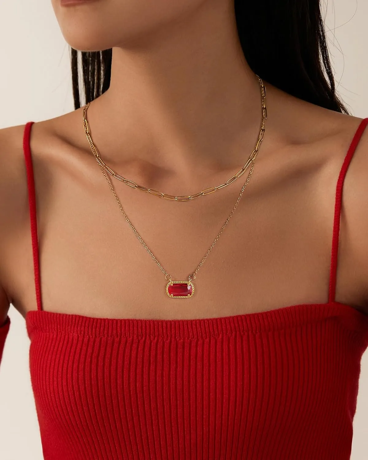 Lourny Gemstone Birthstone Pendant Layered Necklace for Women Trendy, 18K Gold Plated Paperclip Chain Preppy Choker Charm Necklace for Women Wife Jewelry