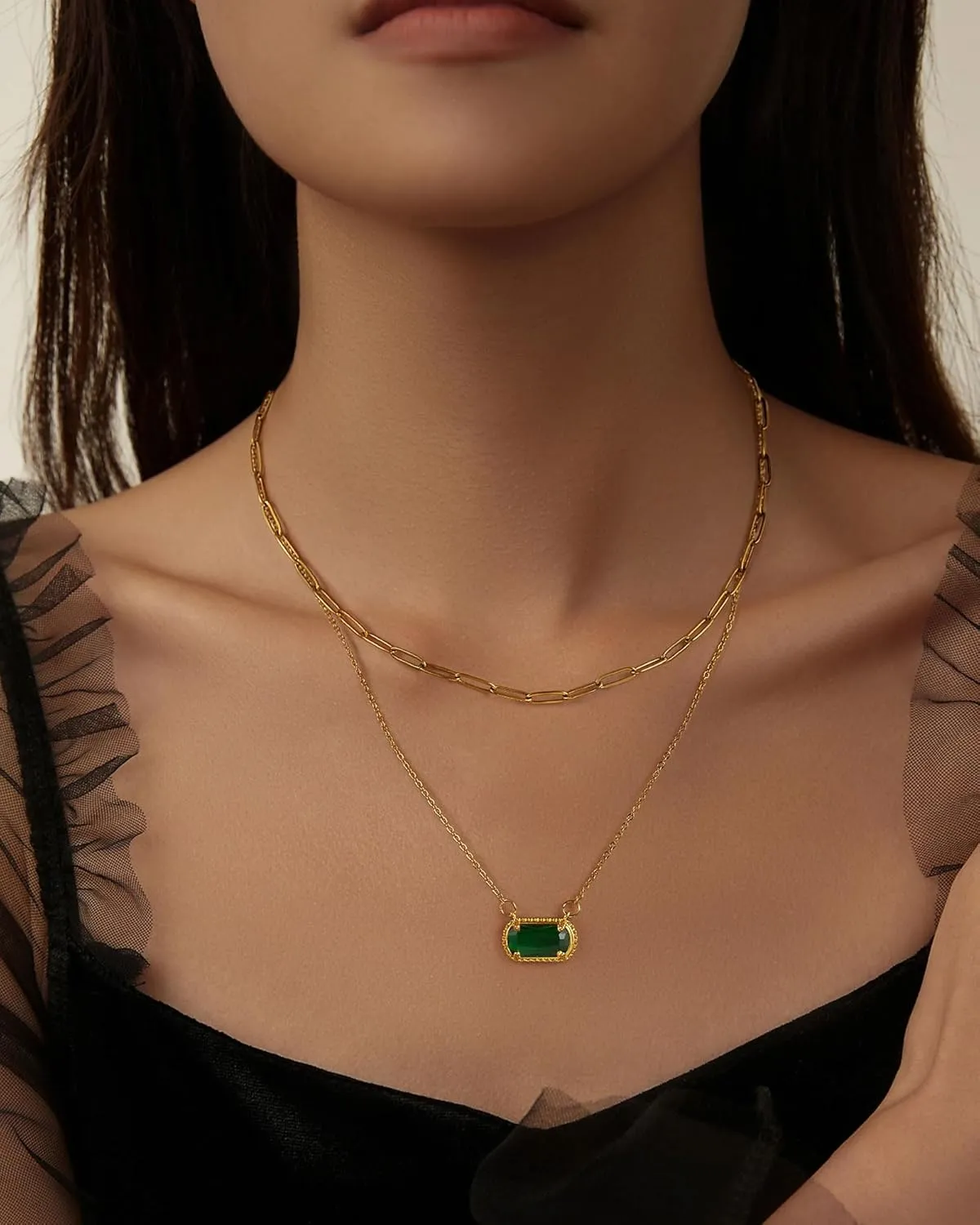 Lourny Gemstone Birthstone Pendant Layered Necklace for Women Trendy, 18K Gold Plated Paperclip Chain Preppy Choker Charm Necklace for Women Wife Jewelry