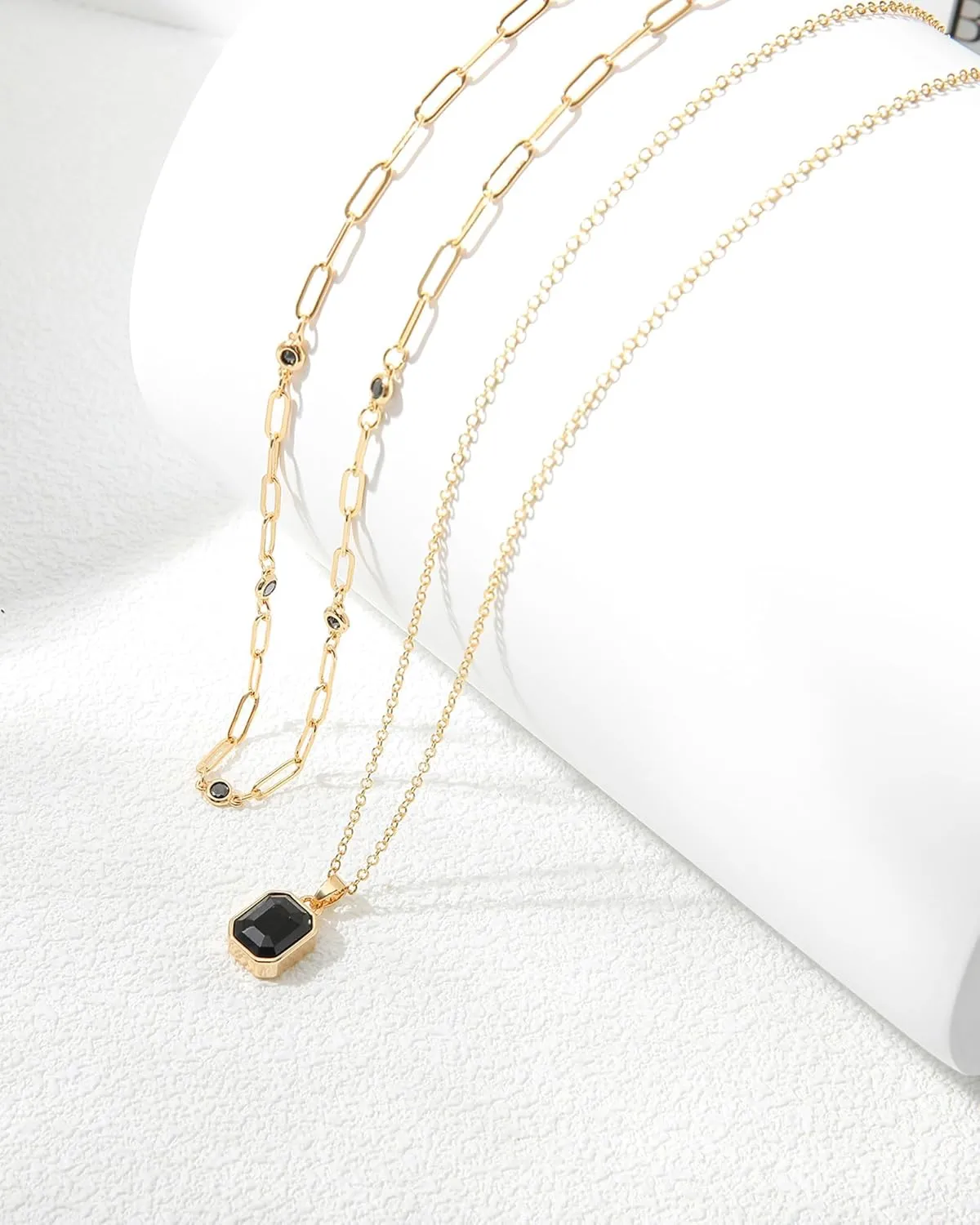 Lourny Gold Layered Crystal Necklace for Women, 18K Gold Plated Choker Emerald Green Dainty Chain Trendy Statement Necklace Jewelry for Women Gifts