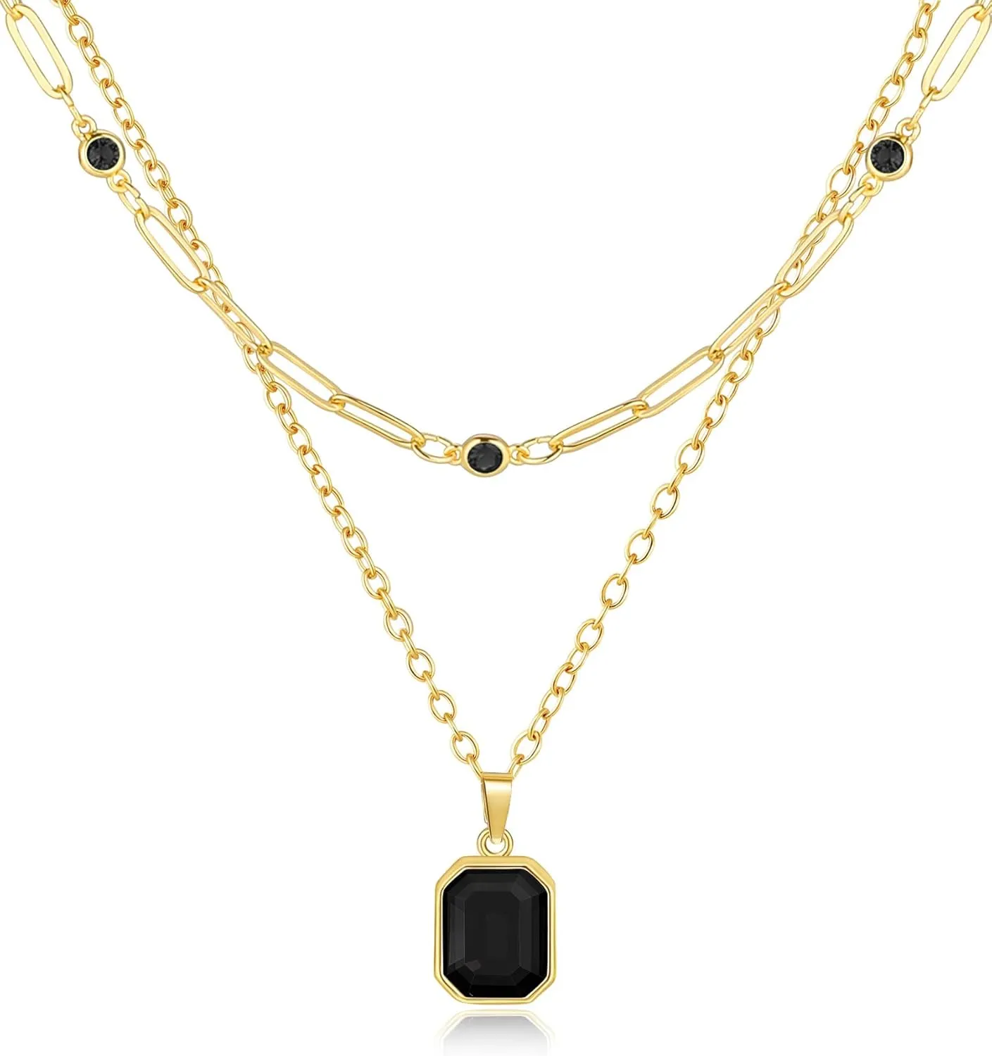 Lourny Gold Layered Crystal Necklace for Women, 18K Gold Plated Choker Emerald Green Dainty Chain Trendy Statement Necklace Jewelry for Women Gifts