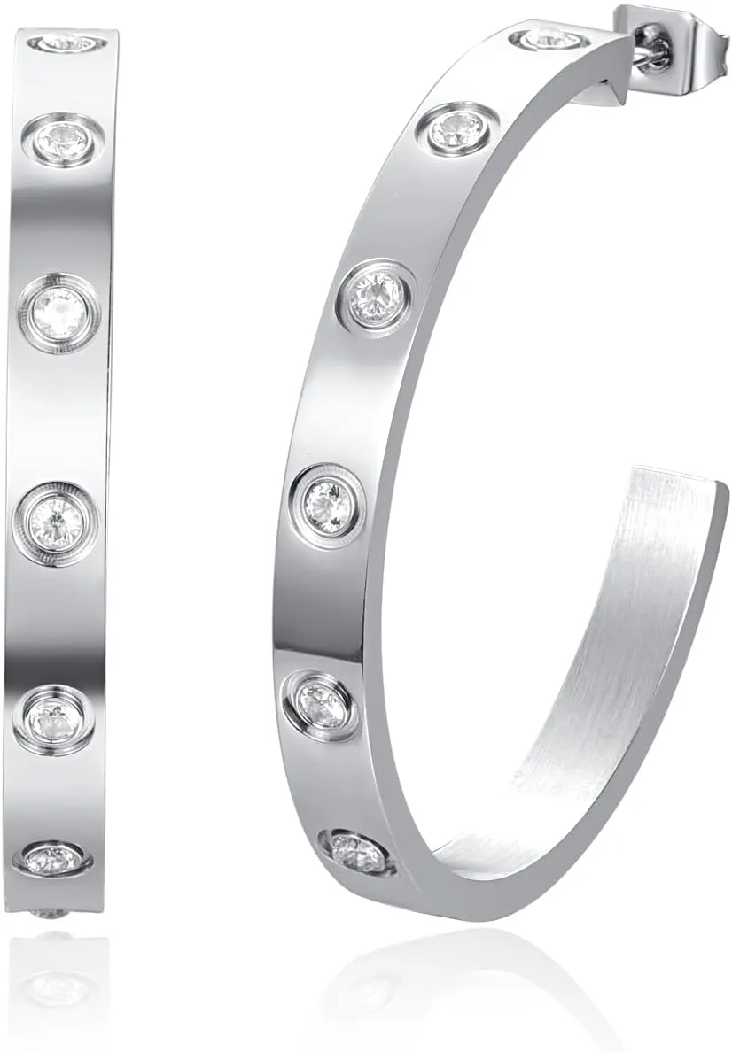 Love Friendship Hoop Earrings Set for Women 18K Gold and Silver Stainless Steel with Cubic Zirconia Stones Jewelry