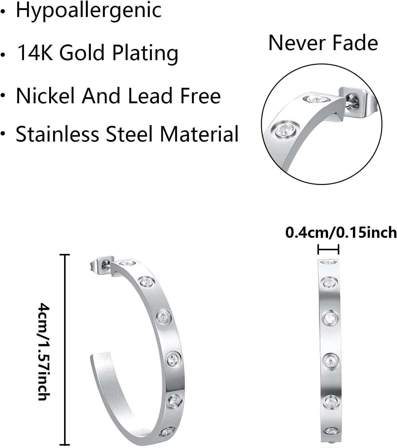 Love Friendship Hoop Earrings Set for Women 18K Gold and Silver Stainless Steel with Cubic Zirconia Stones Jewelry