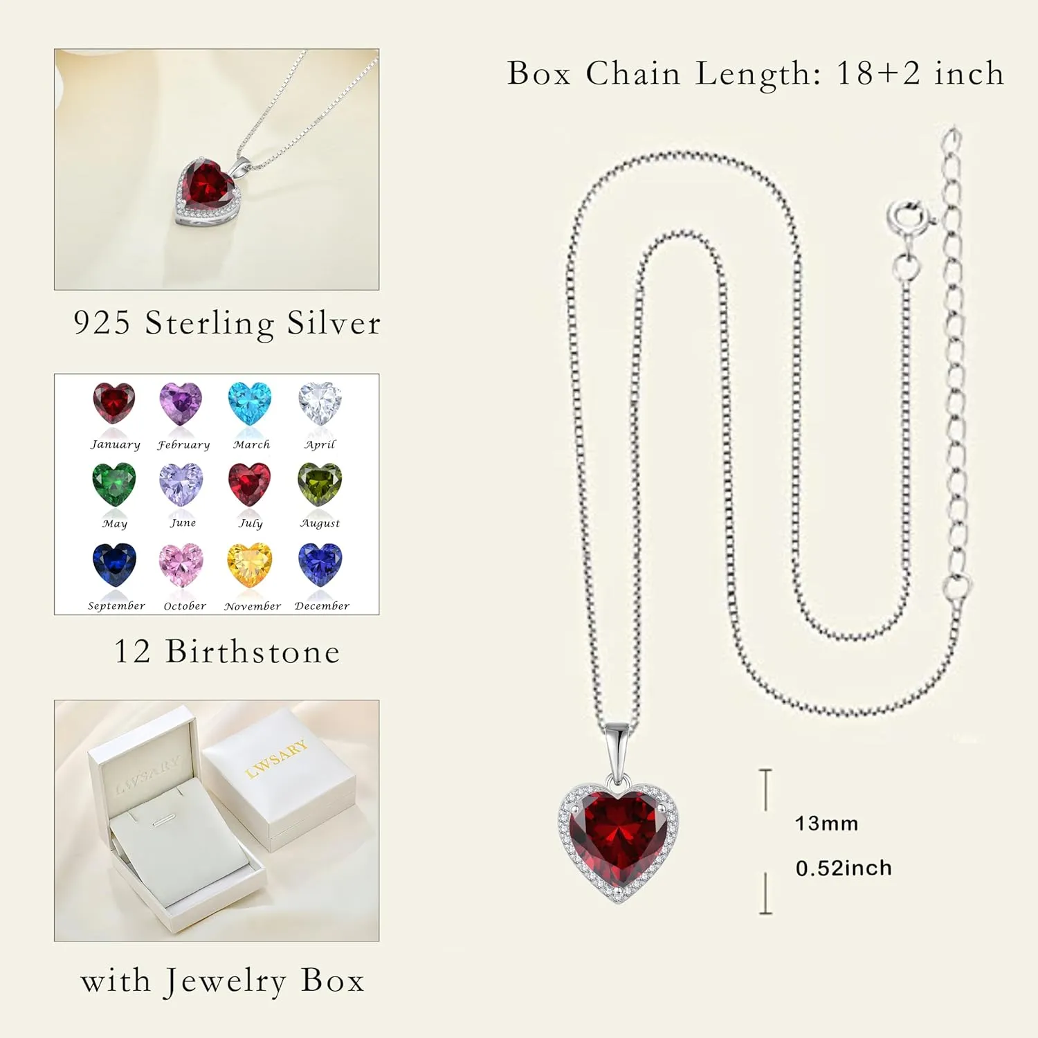 Love Heart Necklace 925 Sterling Silver Simple Halo Solitaire Pendant Birthstone Jewelry for Women