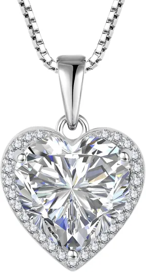 Love Heart Necklace 925 Sterling Silver Simple Halo Solitaire Pendant Birthstone Jewelry for Women