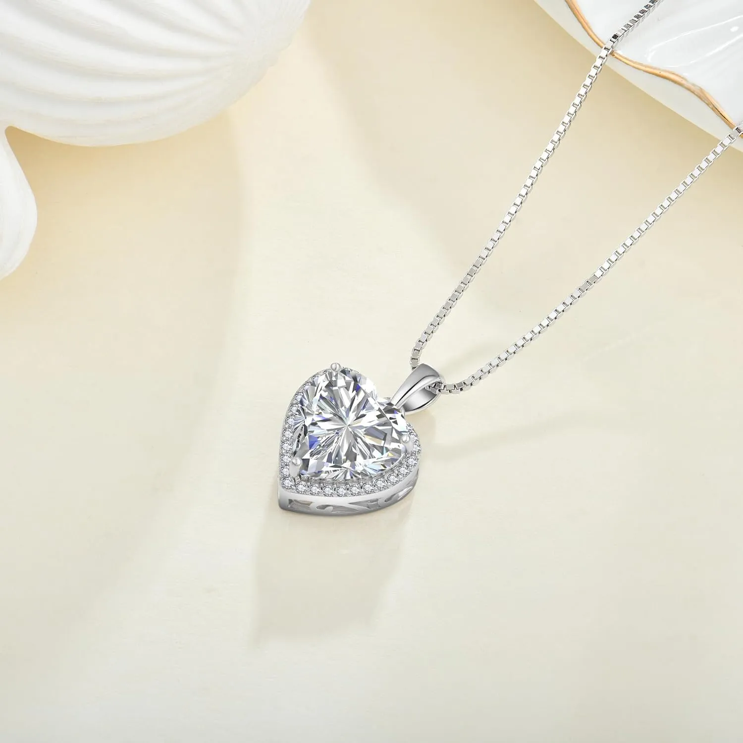 Love Heart Necklace 925 Sterling Silver Simple Halo Solitaire Pendant Birthstone Jewelry for Women