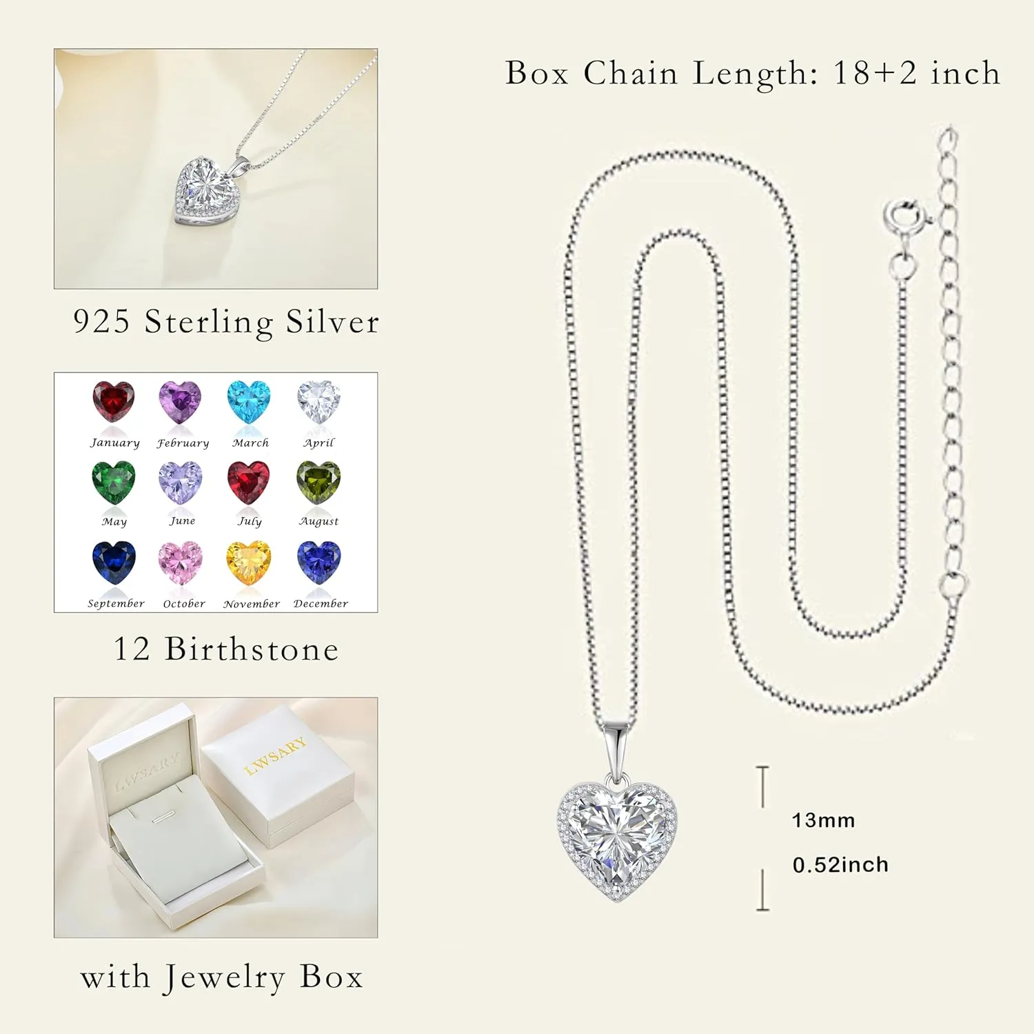 Love Heart Necklace 925 Sterling Silver Simple Halo Solitaire Pendant Birthstone Jewelry for Women
