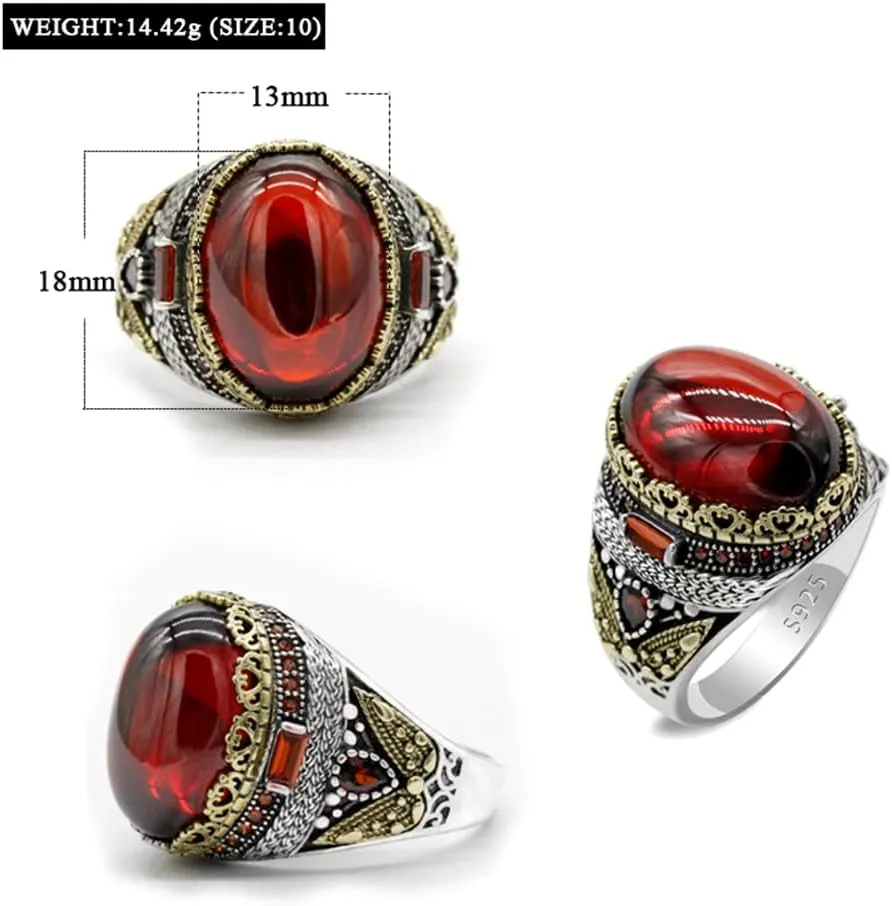 LovePlus Solid Silver Men Rings Red Garnet Stone Men's Ring Handmade Turkish Vintage Ring Luxury Jewelry Bands