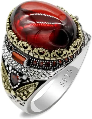 LovePlus Solid Silver Men Rings Red Garnet Stone Men's Ring Handmade Turkish Vintage Ring Luxury Jewelry Bands