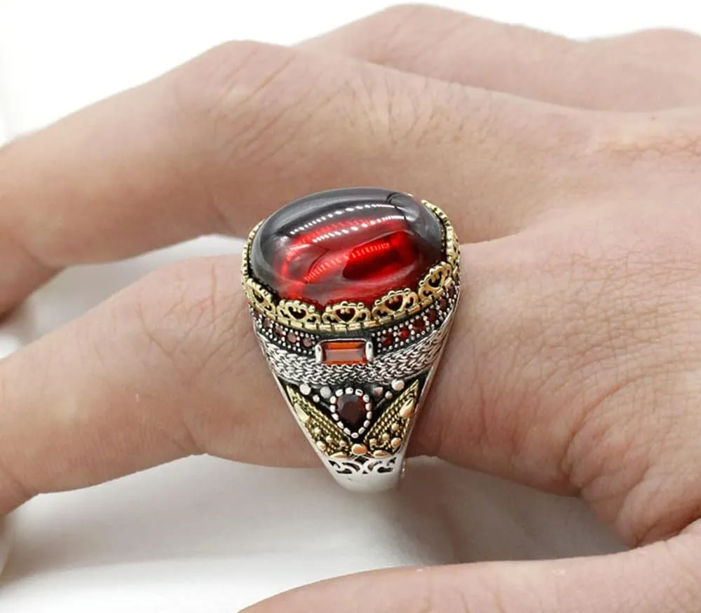 LovePlus Solid Silver Men Rings Red Garnet Stone Men's Ring Handmade Turkish Vintage Ring Luxury Jewelry Bands