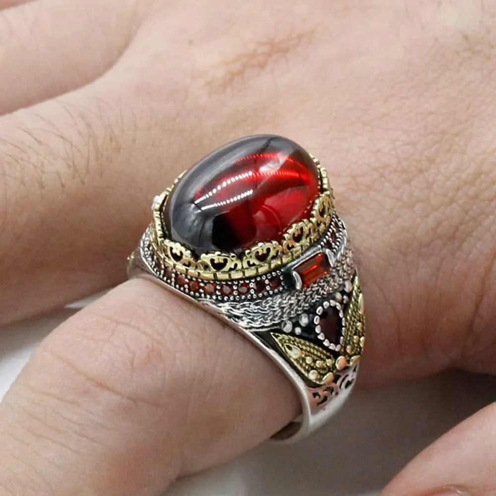 LovePlus Solid Silver Men Rings Red Garnet Stone Men's Ring Handmade Turkish Vintage Ring Luxury Jewelry Bands