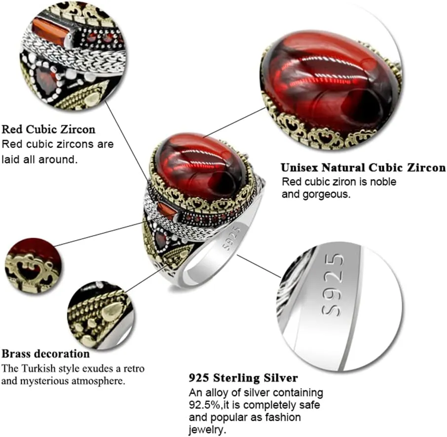 LovePlus Solid Silver Men Rings Red Garnet Stone Men's Ring Handmade Turkish Vintage Ring Luxury Jewelry Bands