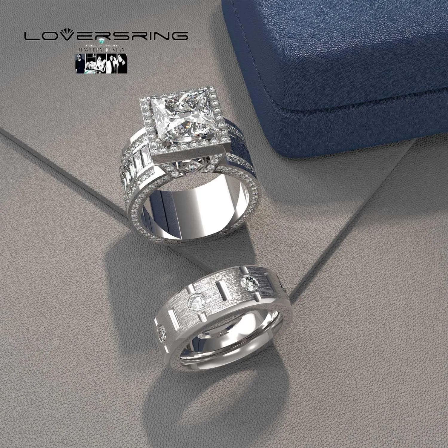 LOVERSRING 2pc His and Hers Couple Ring Bridal Sets Women White Gold Plated Square Moissanite Man Titanium Band Wedding Ring for Him and Her