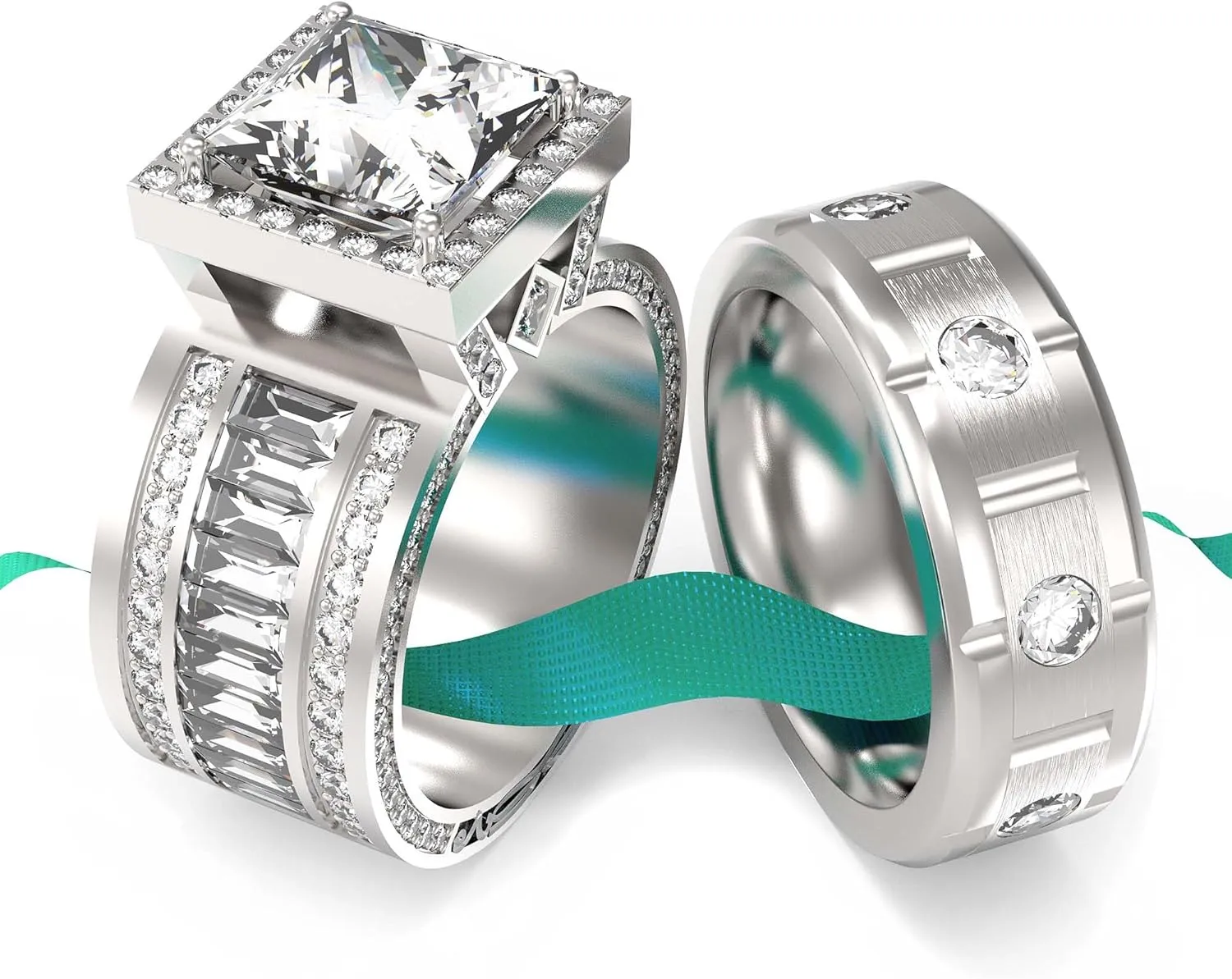 LOVERSRING 2pc His and Hers Couple Ring Bridal Sets Women White Gold Plated Square Moissanite Man Titanium Band Wedding Ring for Him and Her