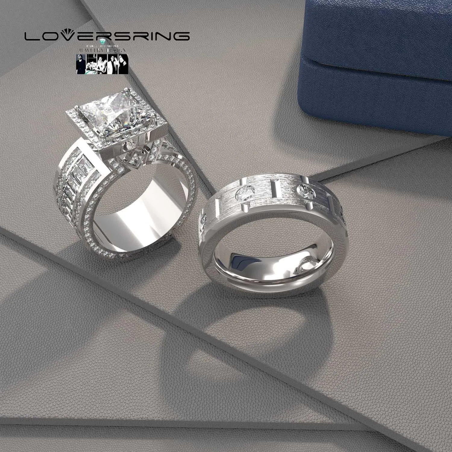 LOVERSRING 2pc His and Hers Couple Ring Bridal Sets Women White Gold Plated Square Moissanite Man Titanium Band Wedding Ring for Him and Her