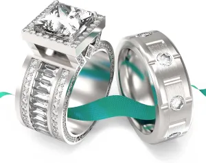 LOVERSRING 2pc His and Hers Couple Ring Bridal Sets Women White Gold Plated Square Moissanite Man Titanium Band Wedding Ring for Him and Her