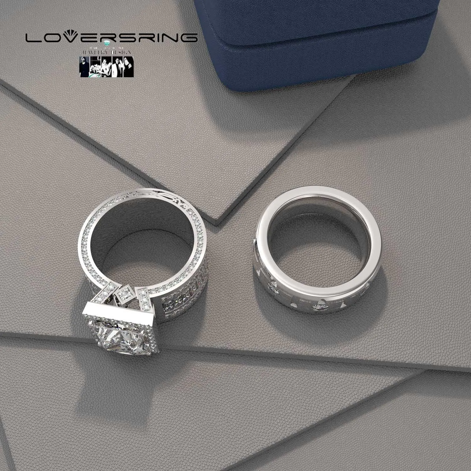 LOVERSRING 2pc His and Hers Couple Ring Bridal Sets Women White Gold Plated Square Moissanite Man Titanium Band Wedding Ring for Him and Her