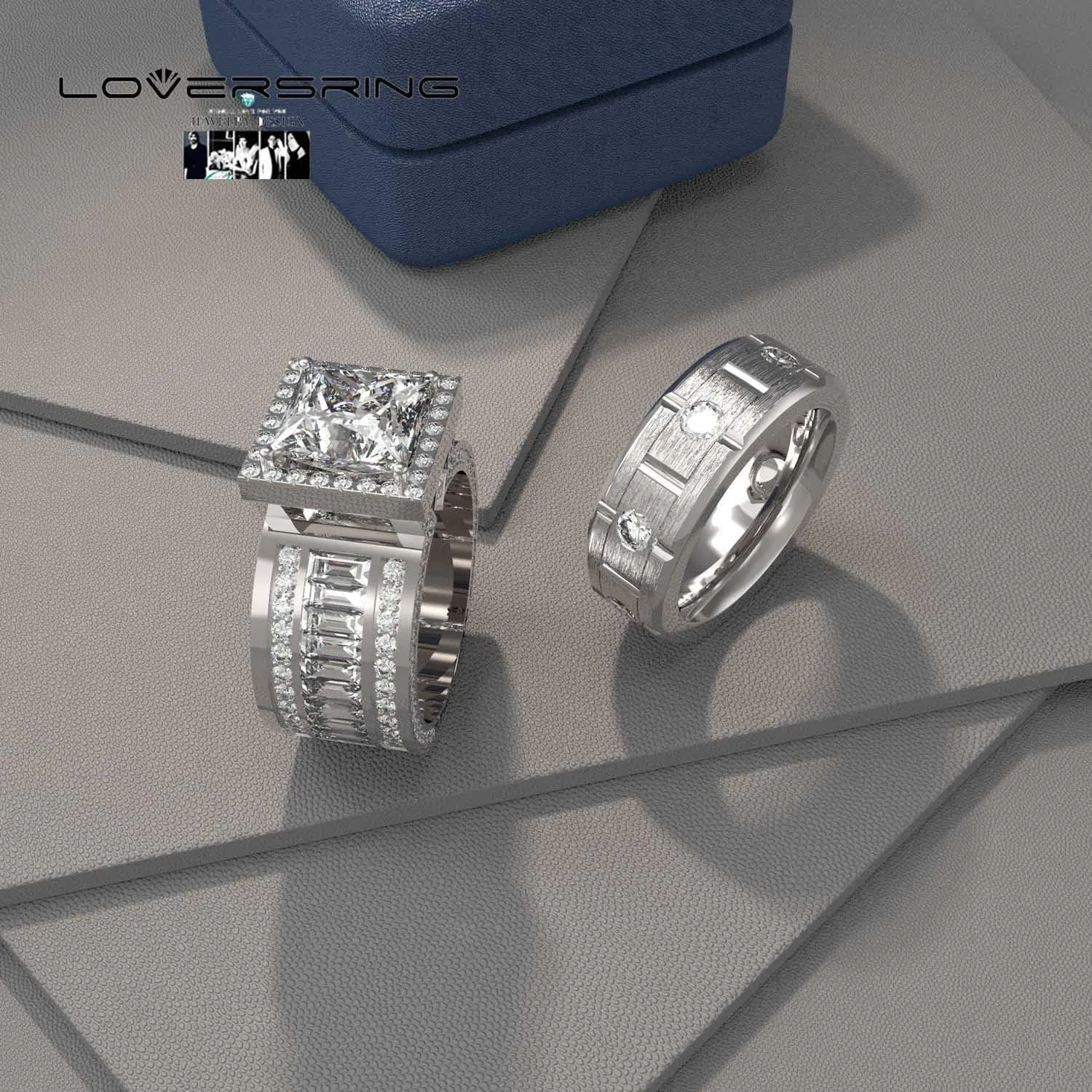 LOVERSRING 2pc His and Hers Couple Ring Bridal Sets Women White Gold Plated Square Moissanite Man Titanium Band Wedding Ring for Him and Her