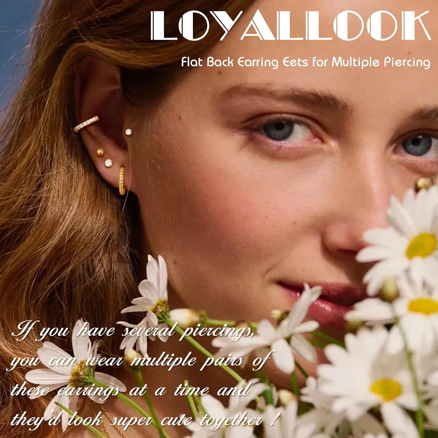 LOYALLOOK 14K Gold Plated Flat Back Earrings for Women Men Gold Cartilage Earring Sets for Multiple Piercing 20G Stainless Steel Earrings Hypoallergenic Small Hoop Ball CZ Flatback Stud Earrings