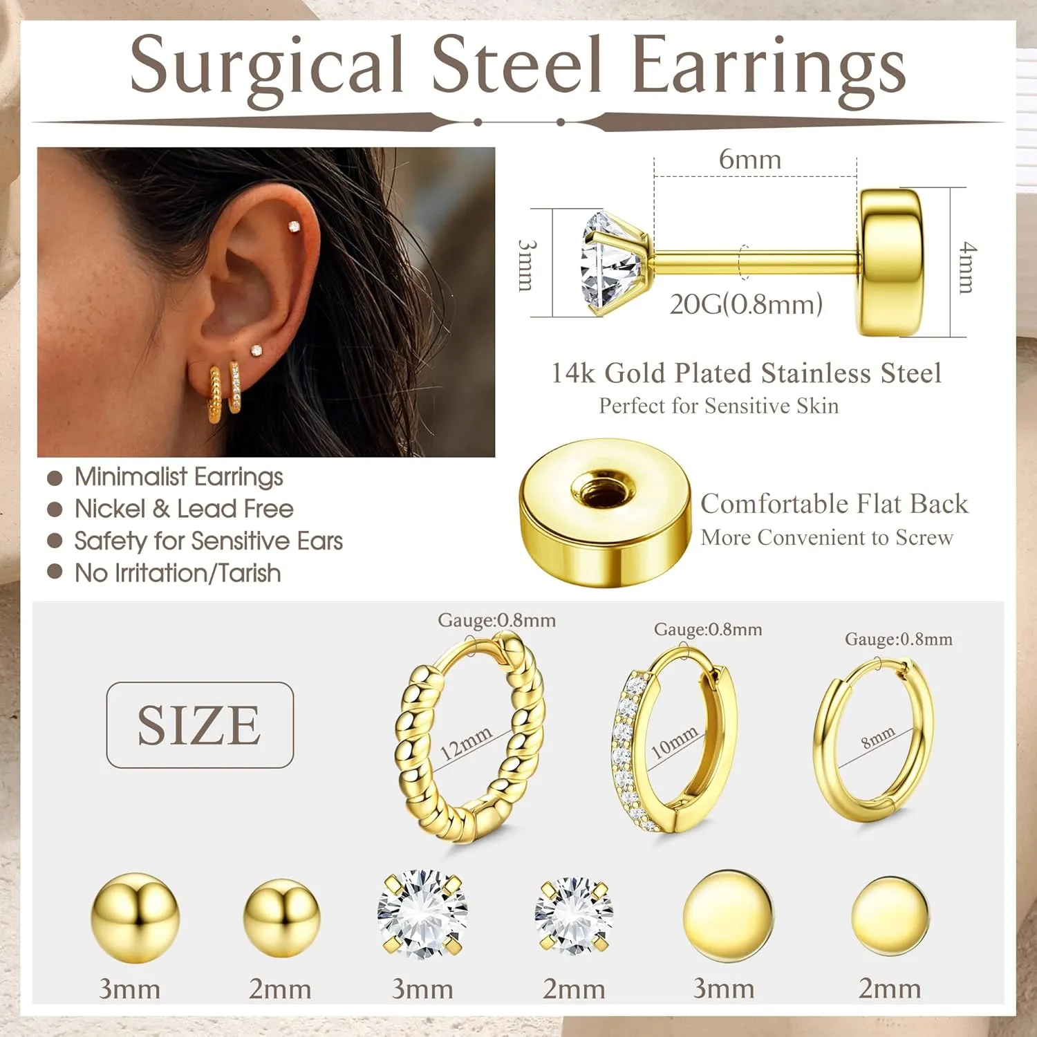 LOYALLOOK 14K Gold Plated Flat Back Earrings for Women Men Gold Cartilage Earring Sets for Multiple Piercing 20G Stainless Steel Earrings Hypoallergenic Small Hoop Ball CZ Flatback Stud Earrings