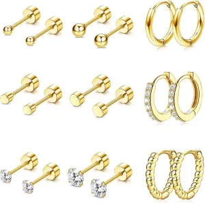 LOYALLOOK 14K Gold Plated Flat Back Earrings for Women Men Gold Cartilage Earring Sets for Multiple Piercing 20G Stainless Steel Earrings Hypoallergenic Small Hoop Ball CZ Flatback Stud Earrings