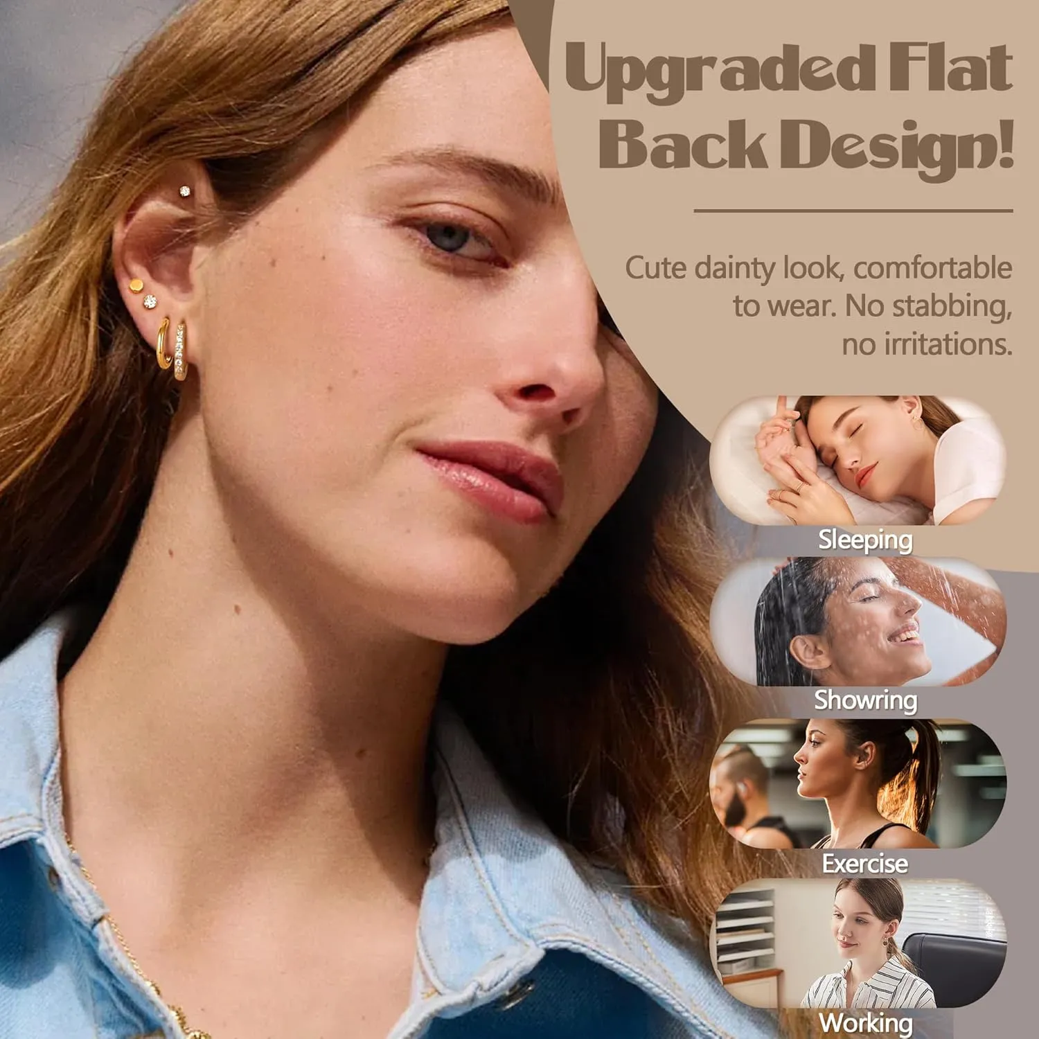 LOYALLOOK 14K Gold Plated Flat Back Earrings for Women Men Gold Cartilage Earring Sets for Multiple Piercing 20G Stainless Steel Earrings Hypoallergenic Small Hoop Ball CZ Flatback Stud Earrings