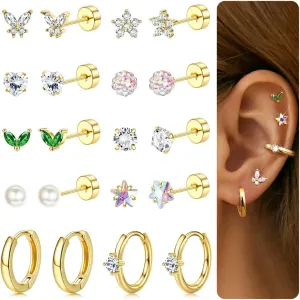 LOYALLOOK Gold Flat Back Earrings for Women Hypoallergenic Surgical Stainless Steel Earrings for Sensitive Ears Cartilage Earring Sets for Multiple Piercing Trendy Flatback Earrings Studs Small Hoop