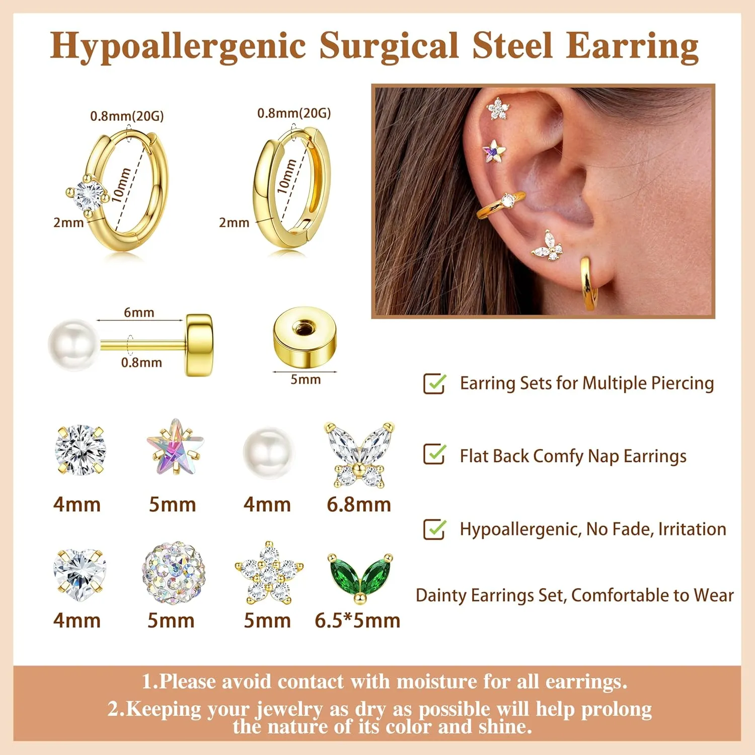 LOYALLOOK Gold Flat Back Earrings for Women Hypoallergenic Surgical Stainless Steel Earrings for Sensitive Ears Cartilage Earring Sets for Multiple Piercing Trendy Flatback Earrings Studs Small Hoop